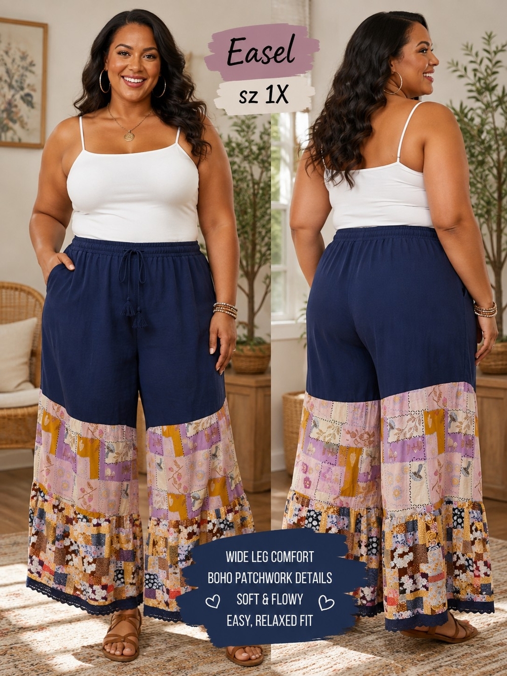 easel Navy Wide-Leg Patchwork Palazzo Pants with Multicolor Hem - 1X